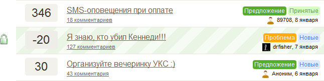 Список сообщений системы обратной связи